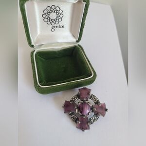 Vintage Signed Miracle Celtic Irish Scottish Cross Style Purple Glass Brooch Pin